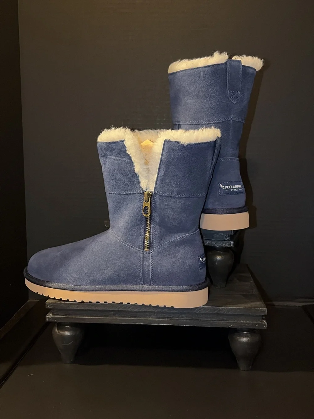 Koolaburra Navy Suede Zip Shearling Mid-Calf Boot NEW
